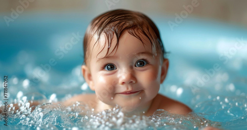 Baby infant taking bath  looking upwards and playing