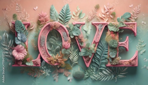 creative flat lay of word love on soft color background with natural plants