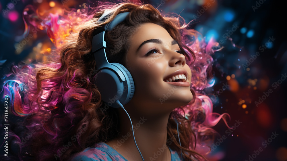 custom made wallpaper toronto digitalFashion pretty woman with headphones listening to music over color neon waves and lines background at studio.