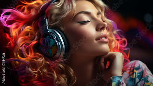 Fashion pretty woman with headphones listening to music over color neon waves and lines background at studio.