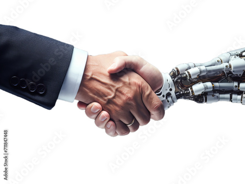 Bussines man shake hands with ai robot hand on transparent background