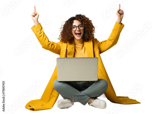Happy student sit with notebook on the leg, Transparent background