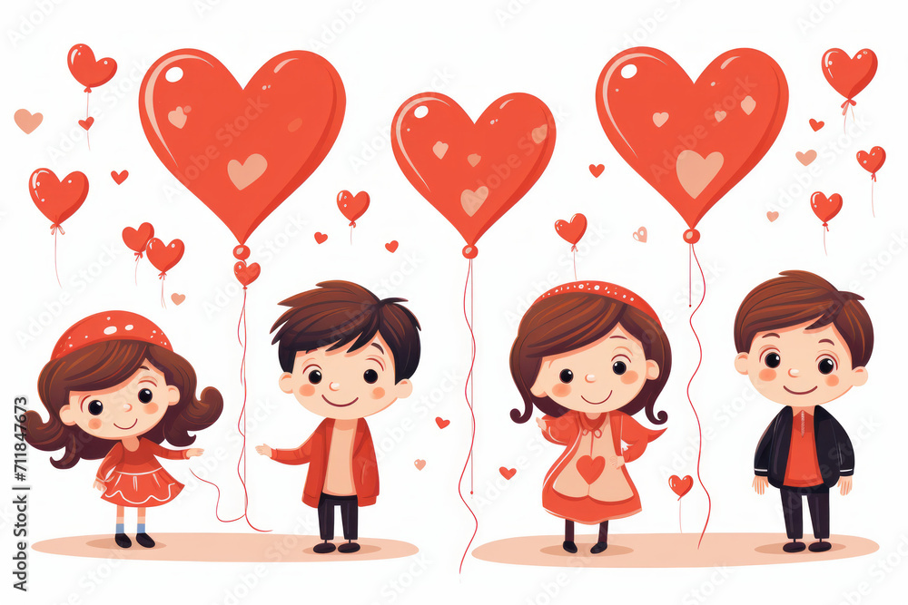 Children with Valentine's Day hearts, simple flat vector illustration, white background ,generative ai Children with Valentine's Day hearts, simple flat vector illustration, white background ,generative ai