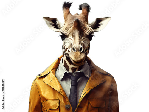 Cool giraffe wearing on the funky suit on the transparent background