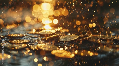 Gold coins falling into the water with golden bokeh background