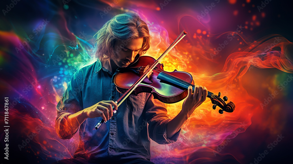 Fototapeta premium Beautiful man playing violin. Male violinist against dark colors background with colorful smoke.