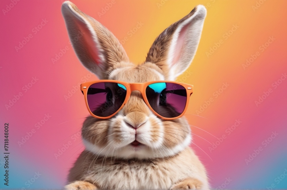 Adorable Rabbit Rocking Sunglasses in Vibrant, Colorful Scene - ai Generated