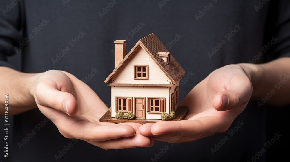 Business man holding a house model, saving a small house, selling, renting or buying a house Business man holding a house model, saving a small house, selling, renting or buying a house