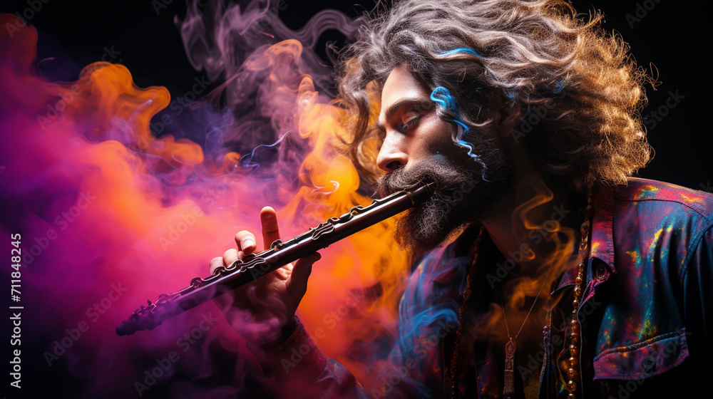 Colorful trumpet with music, powder explosion. Abstract background. Colorful trumpet with music, powder explosion. Abstract background.