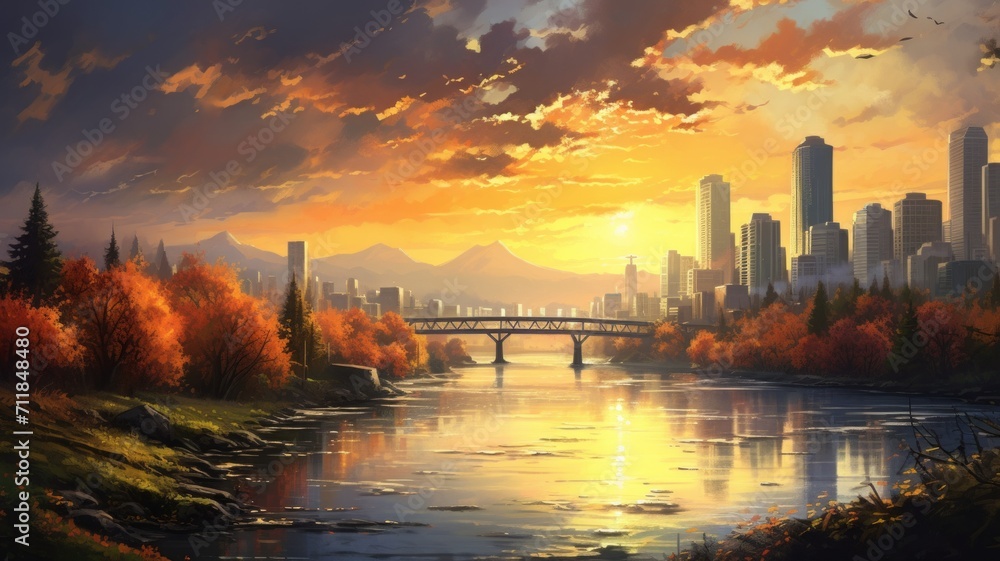 Capture the warm, soft light of sunrise or sunset casting a serene glow on a landscape or cityscape.