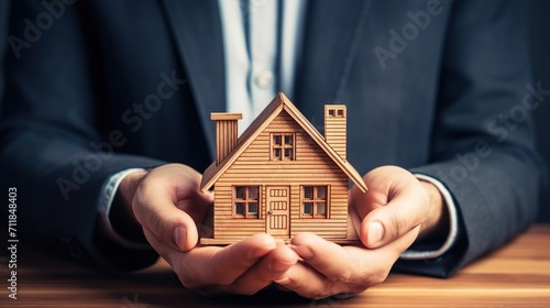 Business man holding a house model, saving a small house, selling, renting or buying a house
