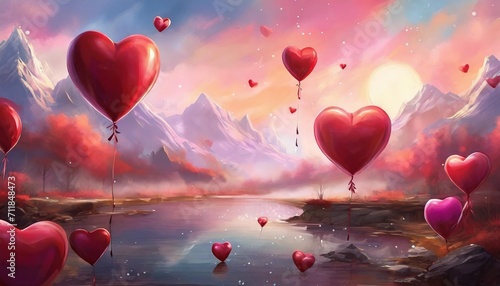 valentine s day background with red and pink hearts like balloons on pink background flat lay