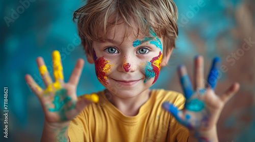 Colorful painted hands in a beautiful young kid. Art  childhood concept