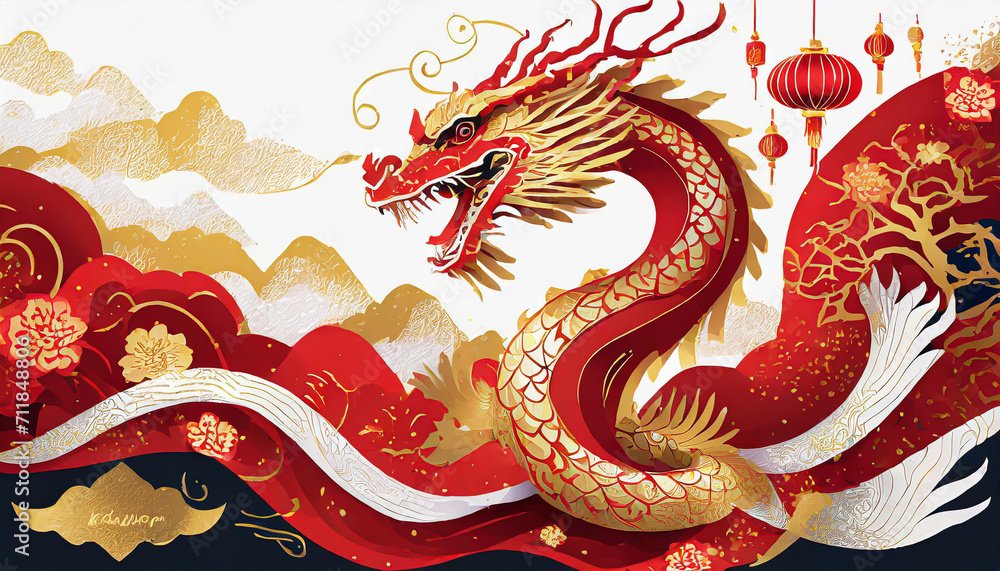 Chinese New Year modern art design set in red, gold and white colors for cover, card, poster, banner. Chinese zodiac Dragon symbol. Hieroglyphics mean Happy New Year and symbol of of the Dragon