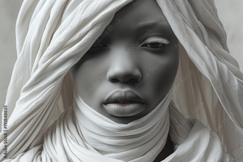 Portrait of exotic African stylish fashion woman wearing white silk cloth and white makeup Portrait of exotic African stylish fashion woman wearing white silk cloth and white makeup