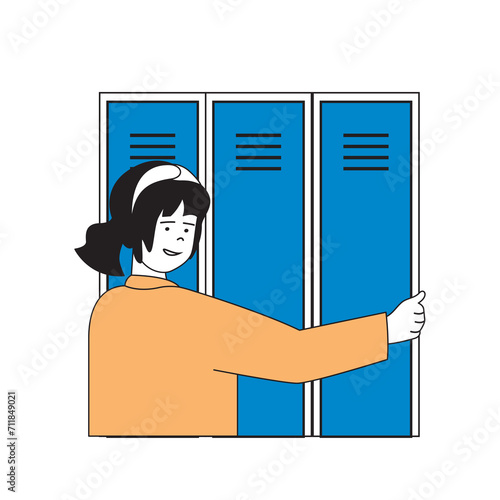School learning concept with cartoon people in flat design for web. Student using locker for textbook storage, goes to lesson at class. Vector illustration for social media banner, marketing material.