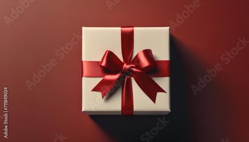 blank white gift box open or top view of white present box tied with red ribbon bow on dark red background with shadow minimal conceptual 3d rendering © Faith