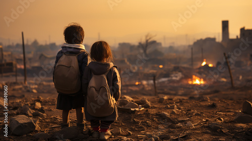 Children. Conflict concept. Burning and destroyed city by war. Concept of crisis of war creative decoration. Selective focus photo
