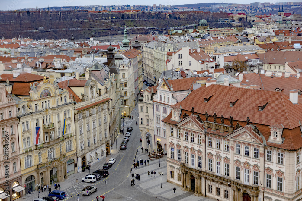 Aerial view of Prague skyline with orange tiled rooftops, Czech Republic