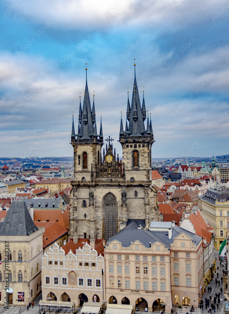 Fototapeta premium Aerial view of Prague skyline with orange tiled rooftops, Czech Republic