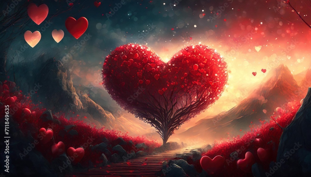 red heart bokeh background valentine day greeting card - obrazy, fototapety, plakaty 