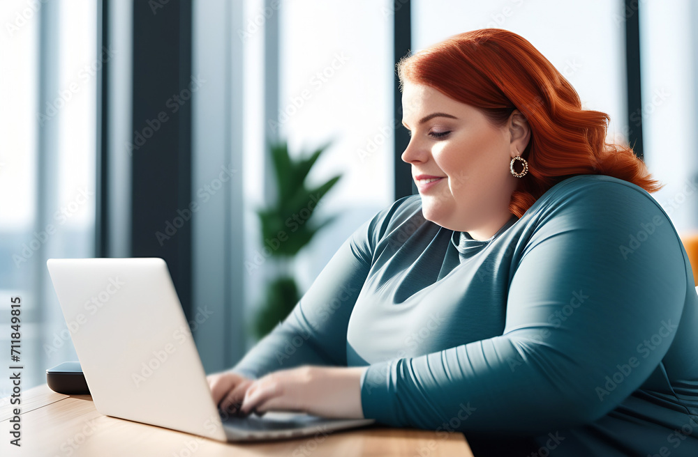 Profile of a plus size, body positive, overweight girl fat woman working and having a video call. Laptop on the table. Brainstorming, technical support, conference call, meeting, IT remote team work - obrazy, fototapety, plakaty 