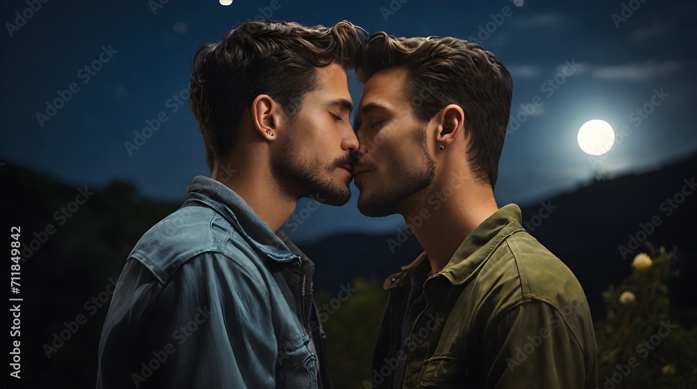 Obraz premium Two different 30-year-old men kissing and embracing each other under the moonligh