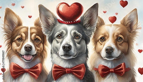 banner three dogs celebrating valentine s day with a red ribbon on head and a heart shape diadem and bowtie against white background photo