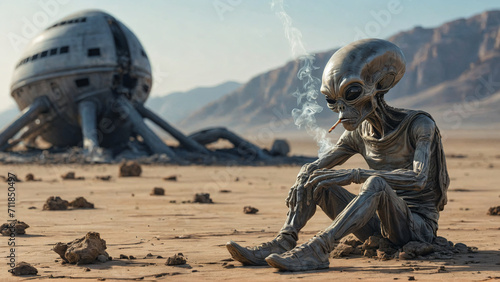 funny illustration of a sad alien smokes near to crashed alien space ship UFO on desert, generative AI