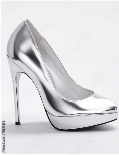 woman shoes - silver shoes on white background - silver high heels - Generative AI
