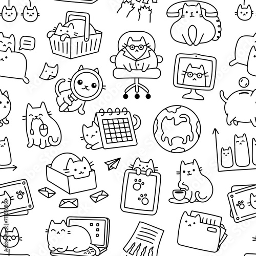 Explore Charm in Every Workspace: Seamless Cat-Inspired Vector Pattern for Office Business Environments, Perfect for a Whimsical and Productive Atmosphere