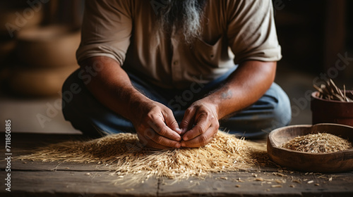 Close up of senior farmers hands holding and examining grains of wheat.