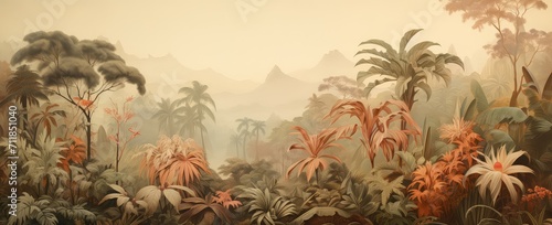 Painting of a jungle landscape. Watercolor pattern wallpaper.