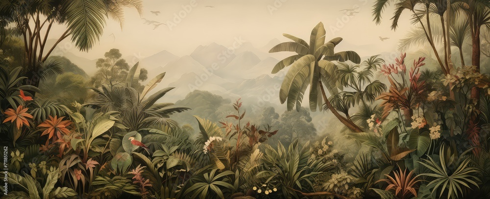 Painting of a jungle landscape. Watercolor pattern wallpaper. - obrazy, fototapety, plakaty 
