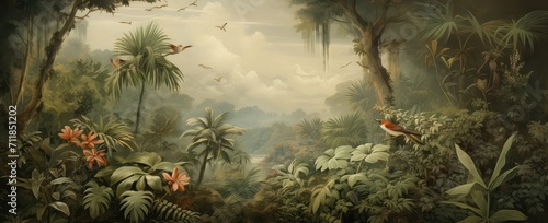 Painting of a jungle landscape. Watercolor pattern wallpaper.