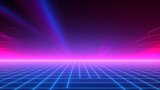 80s Retro Sci-Fi Background Futuristic Grid landscape. Digital cyber surface style of the 1980s. Double infinite grid and lights forward. Synthwave wireframe net illustration. 80s, 90s cyber grid