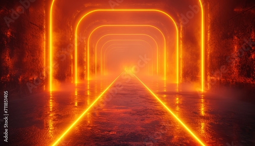 yellow laser effect neon glowing frame background. repetitive motion animation and flashing. Bright neon light effect isolated on black  generative ai