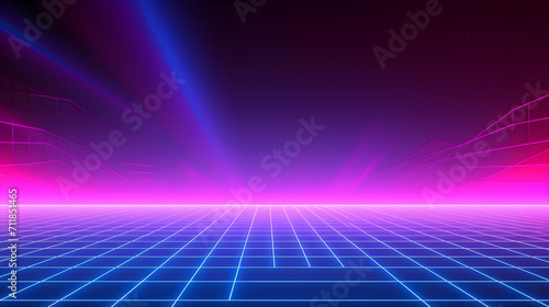 80s Retro Sci-Fi Background Futuristic Grid landscape. Digital cyber surface style of the 1980s. Double infinite grid and lights forward. Synthwave wireframe net illustration. 80s, 90s cyber grid