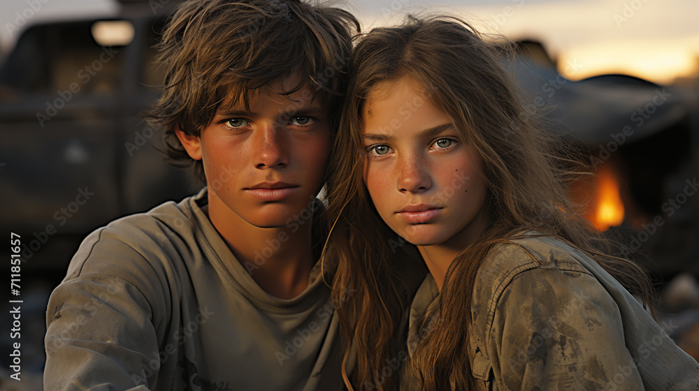 Children. Conflict concept. Burning and destroyed city by war. Concept of crisis of war creative decoration. Selective focus Children. Conflict concept. Burning and destroyed city by war. Concept of crisis of war creative decoration. Selective focus