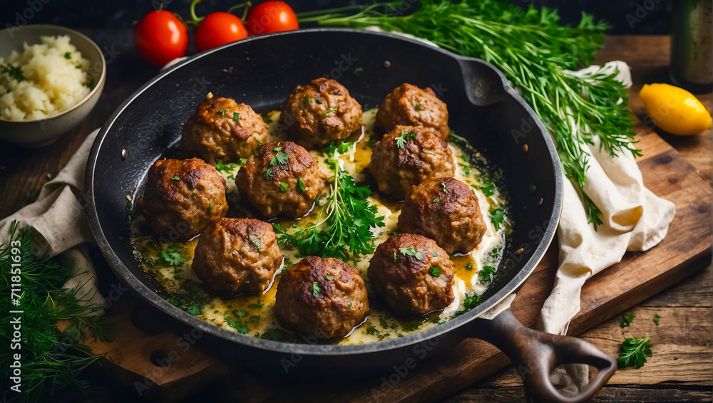 Fototapeta premium Delicious appetizing meatballs in a frying pan in the kitchen