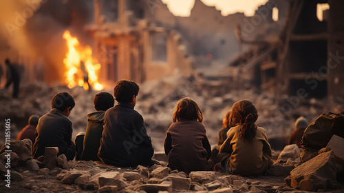 Children. Conflict concept. Burning and destroyed city by war. Concept of crisis of war creative decoration. Selective focus