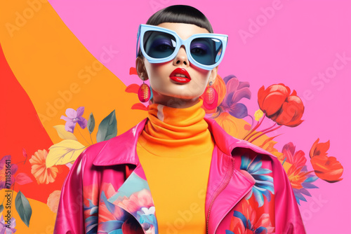 Beautiful young woman in sunglasses and bright clothes.