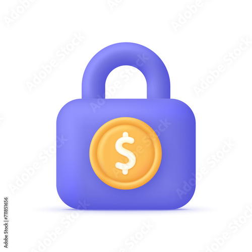 3D Lock dollar money icon. Locked dollar, blocked currency. Block bank account. Security concept