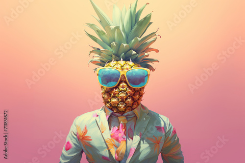Creative funky portrait of a man with pineapple head and sunglasses. Conceptual modern art.