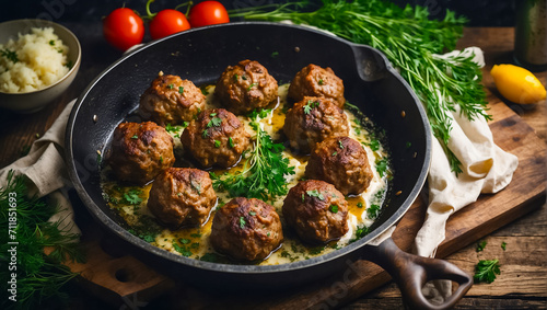 Delicious appetizing meatballs in a frying pan in the kitchen