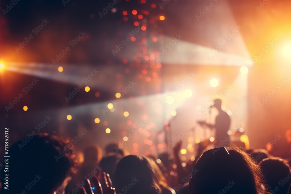 Vibrant concert stage with blurred bokeh effect and colorful lights, captivating crowd