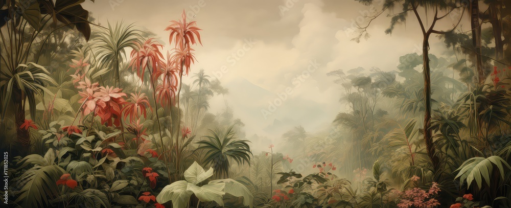 Painting of a jungle landscape. Watercolor pattern wallpaper. - obrazy, fototapety, plakaty 