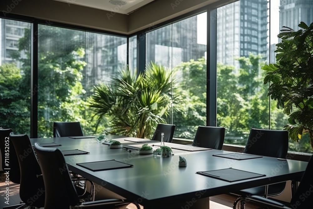 Modern office interior with large windows and plants Modern office interior with large windows and plants