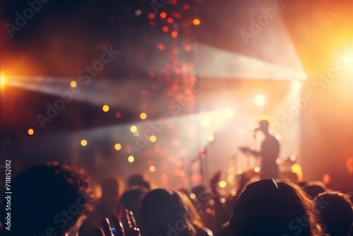 Vibrant concert stage with blurred bokeh effect and colorful lights, captivating crowd © Andrei
