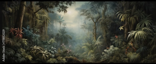 Painting of a jungle landscape. Watercolor pattern wallpaper. photo